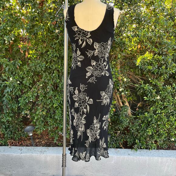 Vintage Eva Blue Floral Sequins Black Midi Ruched Tank Dress Women’s 4 Y2K - Picture 3 of 7